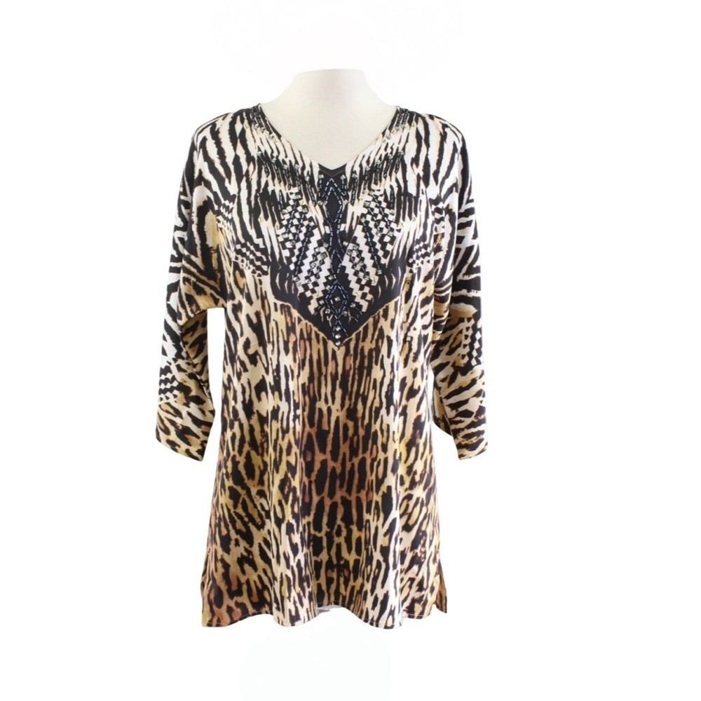 Chico's Geometric Leopard Print Silky Sequin Embellished Tunic Blouse Size 2